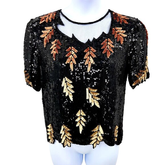STUNNING VINTAGE ROYAL FEELINGS SEQUIN BEAD SILK LEAF SHORT SLV FORMAL TOP - L - Picture 1 of 5